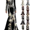 Women Skeleton Dress 3D Print Velvet Floral Long Sleeve Halloween Costumes, Skeleton Costume for Women Cosplay Party