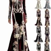 Women Skeleton Dress 3D Print Velvet Floral Long Sleeve Halloween Costumes, Skeleton Costume for Women Cosplay Party