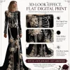 Women Skeleton Dress 3D Print Velvet Floral Long Sleeve Halloween Costumes, Skeleton Costume for Women Cosplay Party