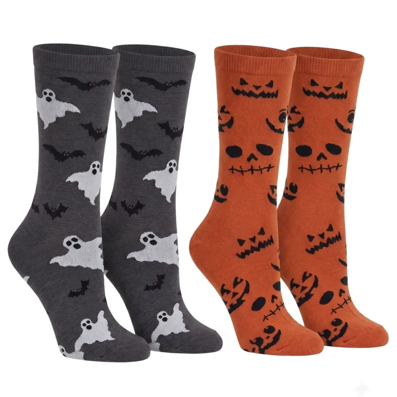 Women's Jack O Lantern and Bats & Ghosts Halloween Socks Novelty Crew 2-Pack