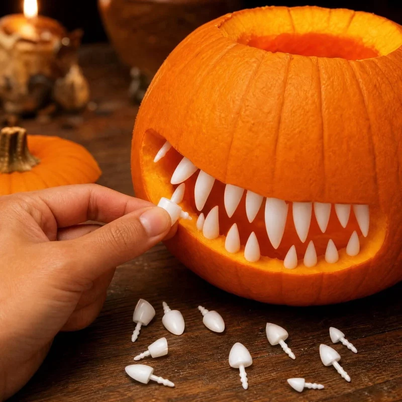 YAMB Halloween Pumpkin Teeth Decor Kit, Mini Fangs and Flat Teeth, Reusable Pin-In Design, For Pumpkin Carving and Party