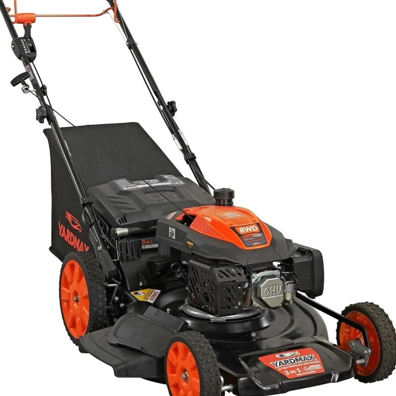 YARDMAX 22 inch Gas Self-Propelled Lawn Mower, 201cc, 6-Speed CVT, High Wheel RWD, 3-in-1, Black