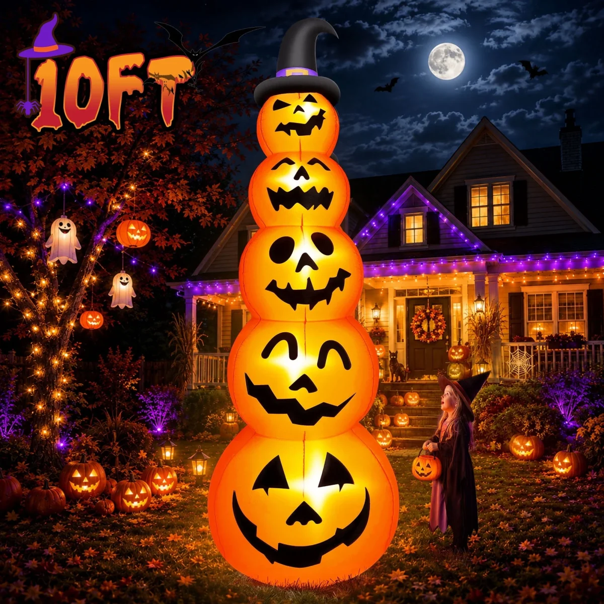 Yexmas 10ft Halloween Inflatable Pumpkins Outdoor Decor with Black Cat Tombstone and Spectre, Built-in LED Lights, for H