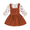 Younger Tree Toddler Baby Girl Fall Dress Outfit Long Sleeve Top Strap Dress Overall with Pocket Clothes Set for 2-3T